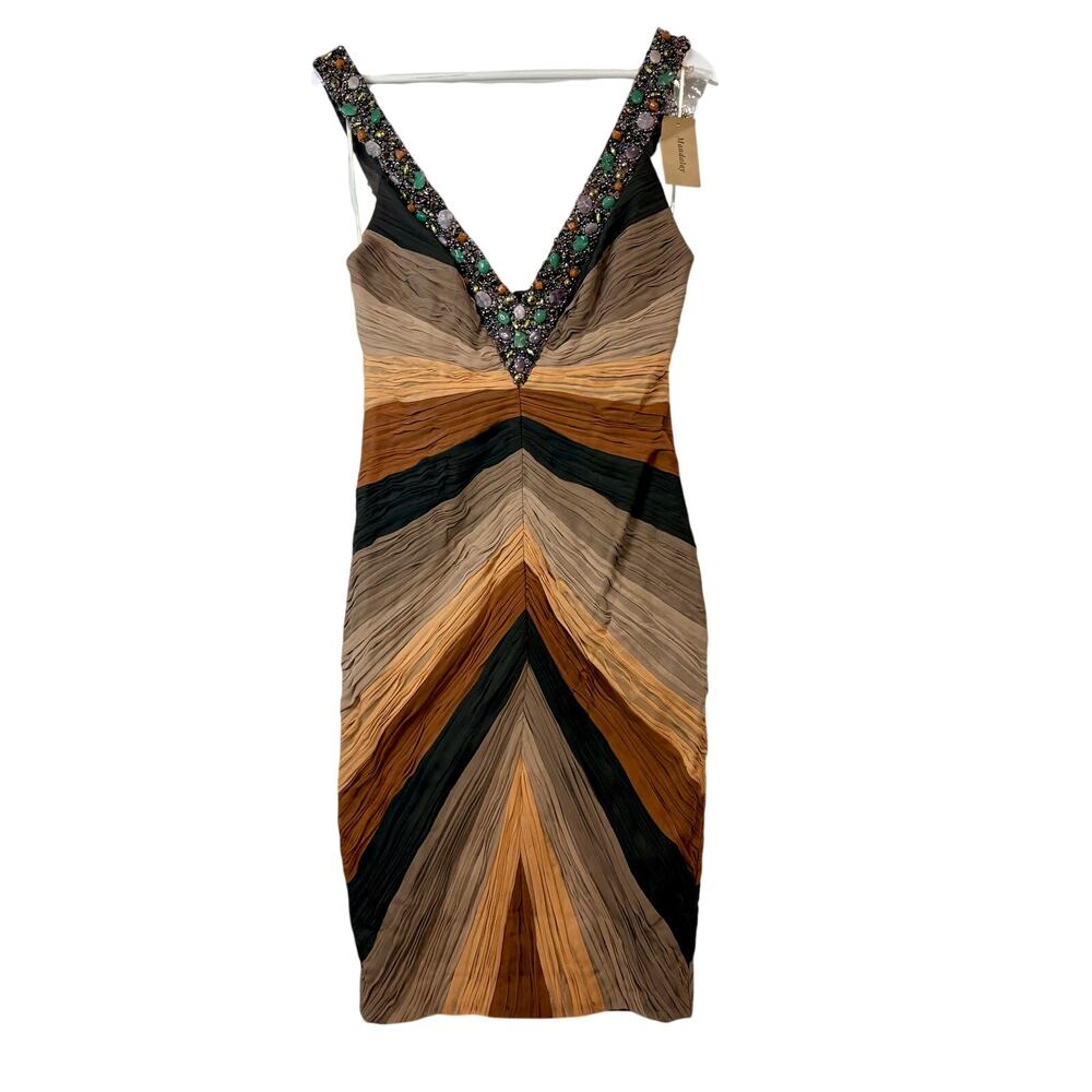 Mandalay Beaded Silk Midi Dress Multicolor Embellished Evening Gown Size 10 NWT